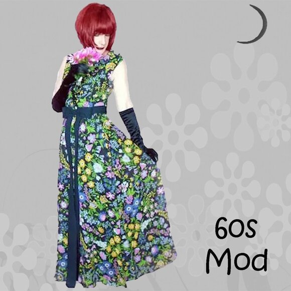 60s Mod Black Psychedelic Floral Maxi Gown by Miss Elliette - Picture 1 of 11